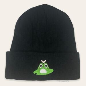 Unisex Black Ribbed Knit Cuffed Beanie Embroidered Green Frog Embroidery